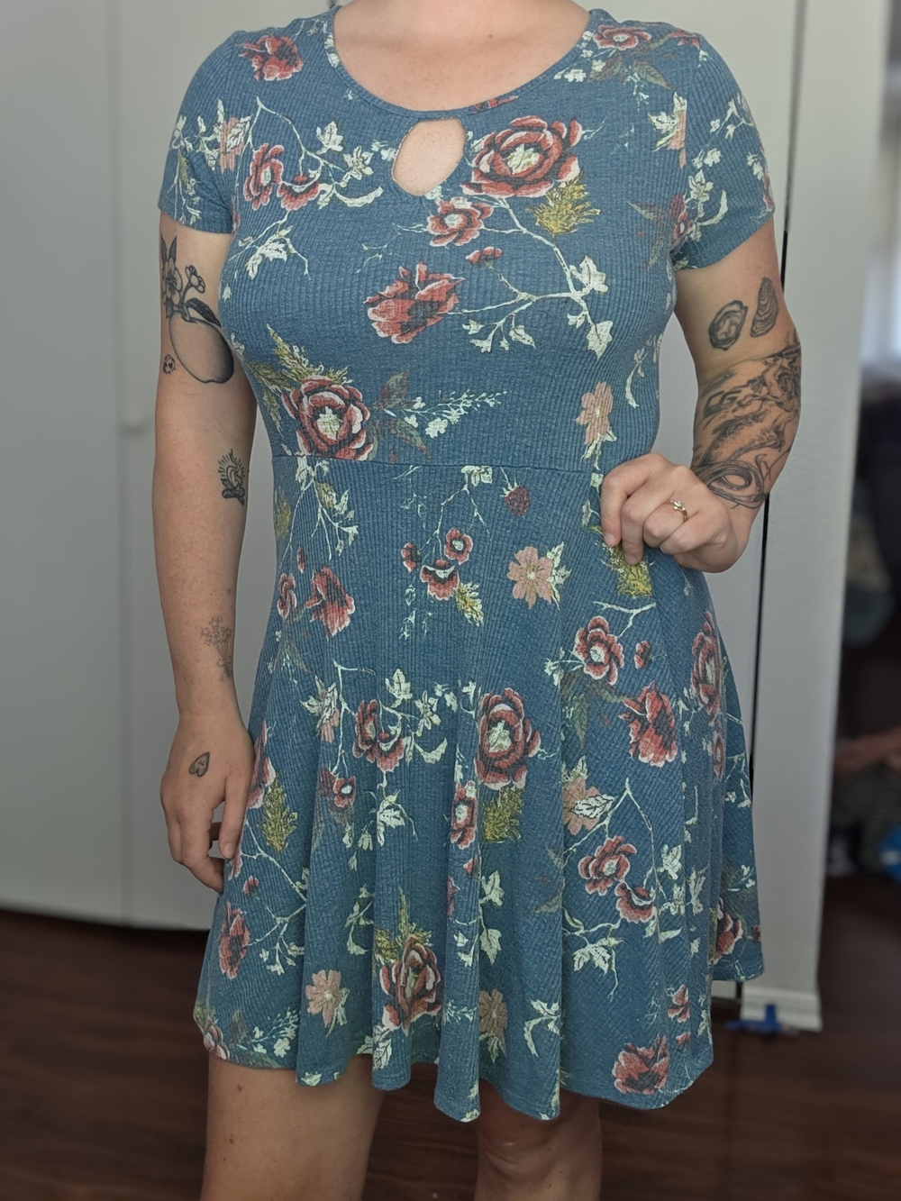 love, Fire Teal Blue Rose Floral Keyhole Fit & Flare Mini Dress
